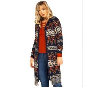 Shyanne Aztec Southwestern Knit Hooded Duster Length Open Front Jacket Medium
